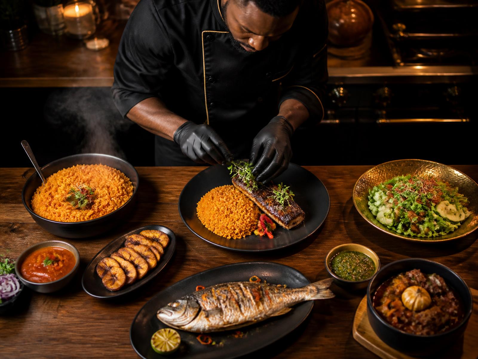 Private chef plating jollof rice, grilled fish and salad in a warm kitchen